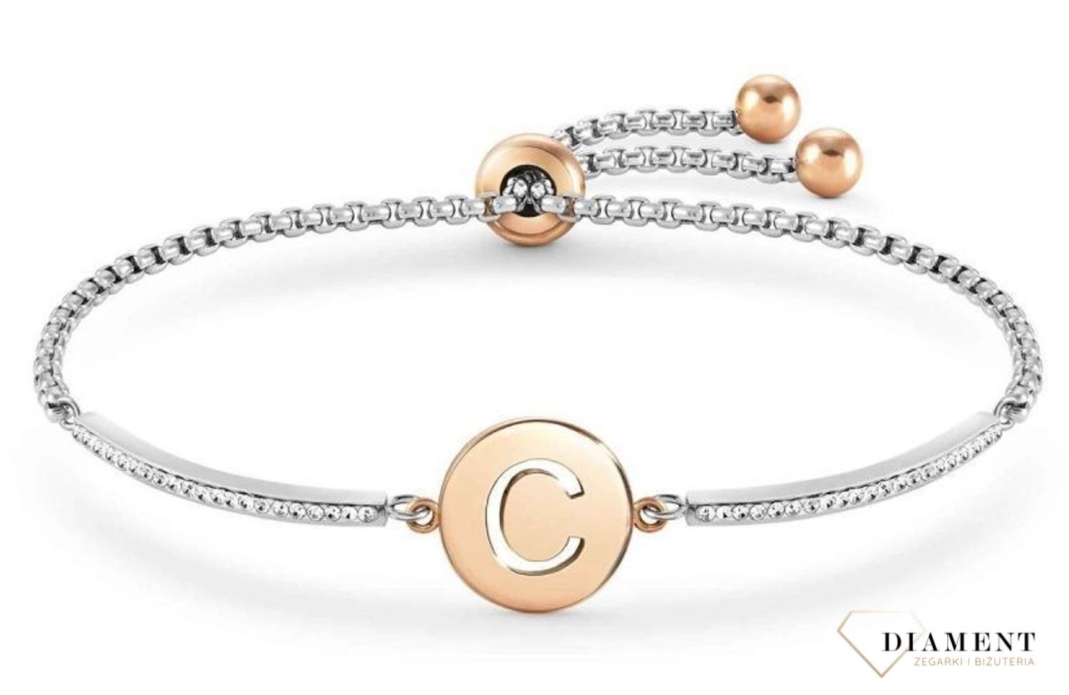 Bransoletka Nomination Italy z kolekcji Milleluci Letters. Wykonana ze stali szlachetnej, zdobiona mieniącymi się, błyszczącymi  (1).jpg